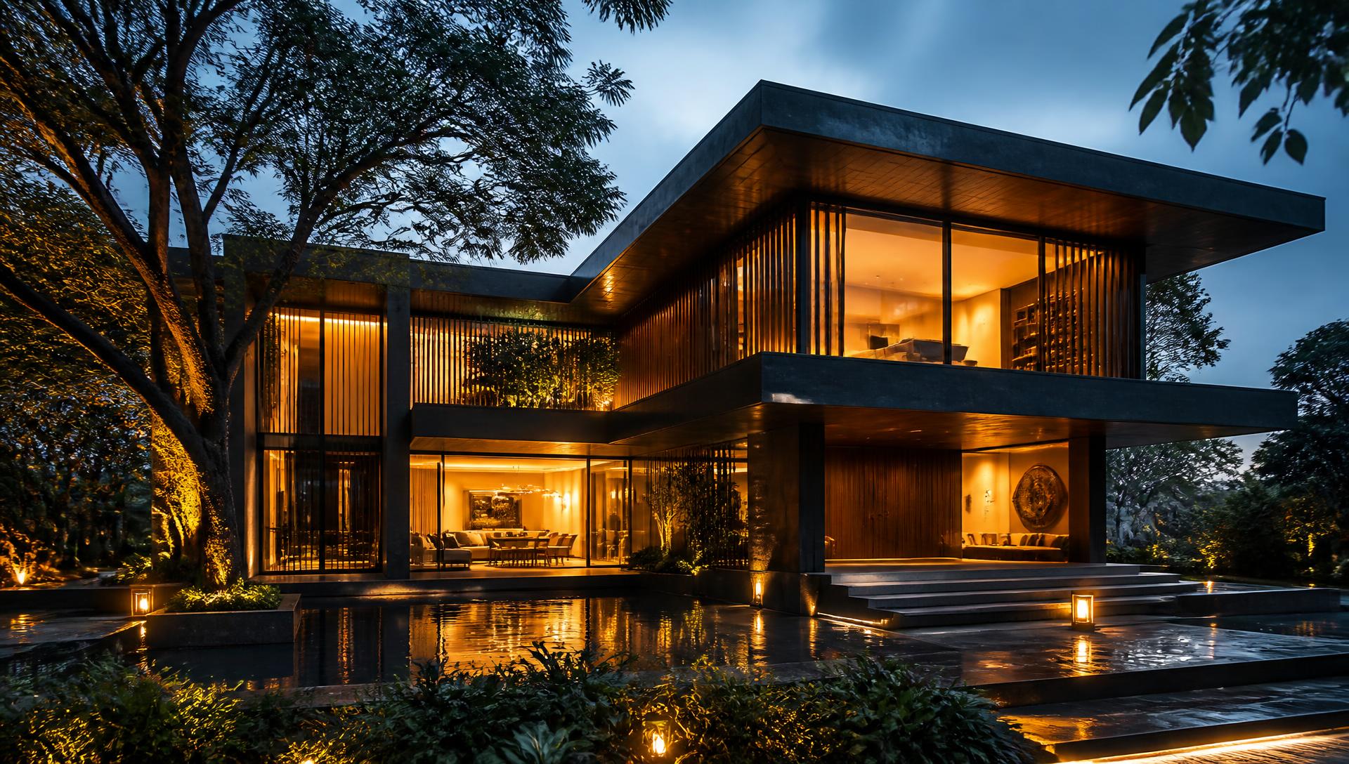Completed contemporary villa at dusk